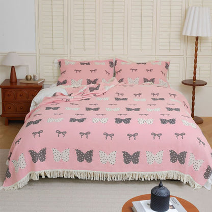 Butterfly Bowknot Pure Cotton Gauze Soft Tassel Quilt - Pink - Quilt with 2PCS Pillow towels - Queen - image 0