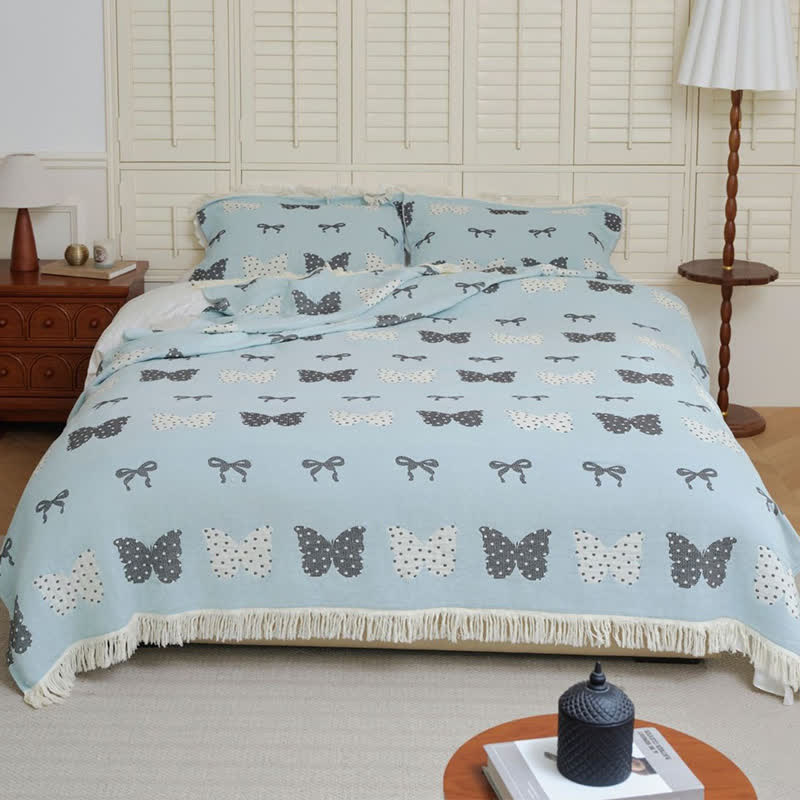 Butterfly Bowknot Pure Cotton Gauze Soft Tassel Quilt - Blue - Quilt with 2PCS Pillow towels - Queen - image 6