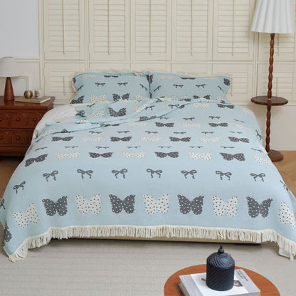 Butterfly Bowknot Pure Cotton Gauze Soft Tassel Quilt - Blue - Quilt with 2PCS Pillow towels - Queen - image 6