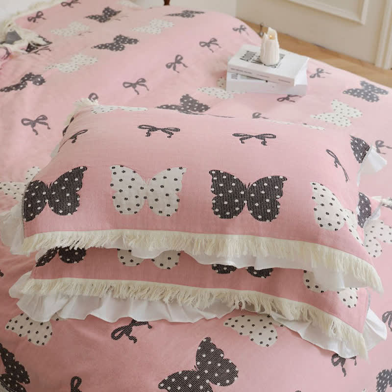 Butterfly Bowknot Pure Cotton Gauze Soft Tassel Quilt - Pink - 2PCS Pillow towels - 20" x 29" - image 4
