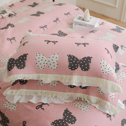 Butterfly Bowknot Pure Cotton Gauze Soft Tassel Quilt - Pink - 2PCS Pillow towels - 20" x 29" - image 4