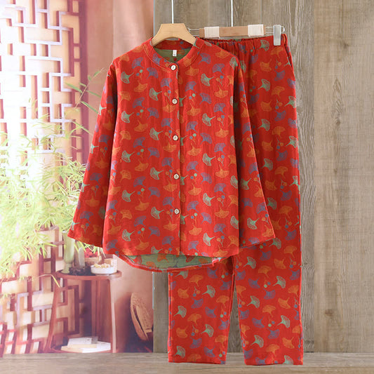 Ginkgo Leaf Cotton Jacquard Vintage Yarn-dyed Pajama Set - XL - image 0