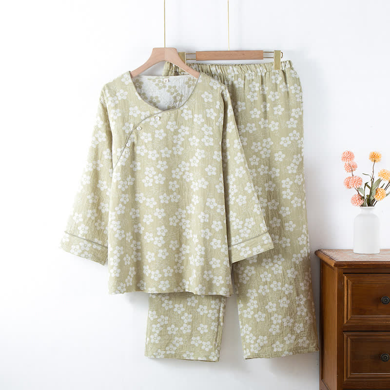 Retro Floral Cotton Yarn-dyed Jacquard Pajama Set - Green - XL - image 17