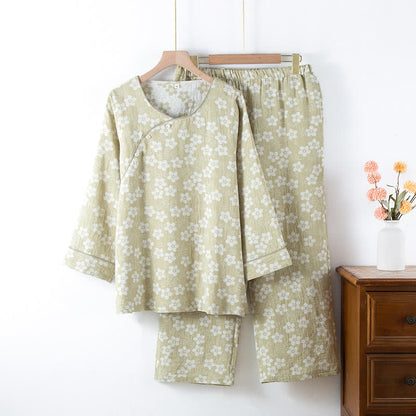 Retro Floral Cotton Yarn-dyed Jacquard Pajama Set - Green - XL - image 17
