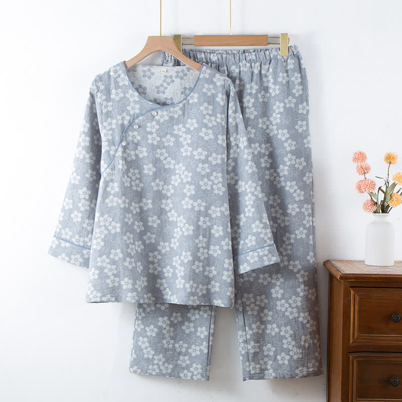 Retro Floral Cotton Yarn-dyed Jacquard Pajama Set - Grey - XL - image 18