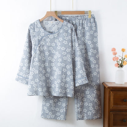 Retro Floral Cotton Yarn-dyed Jacquard Pajama Set - Grey - XL - image 18