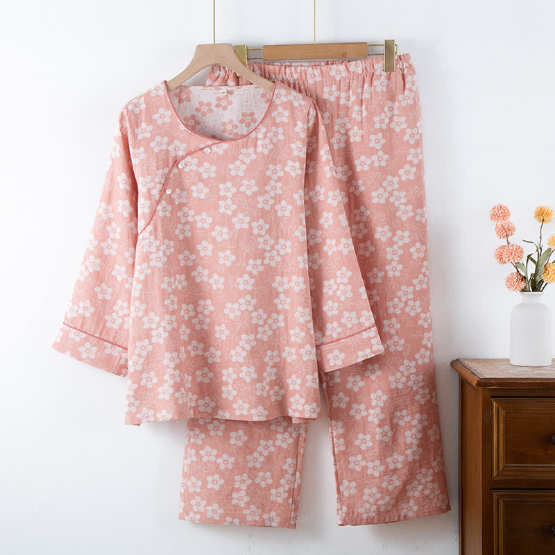 Retro Floral Cotton Yarn-dyed Jacquard Pajama Set - Pink - XL - image 4
