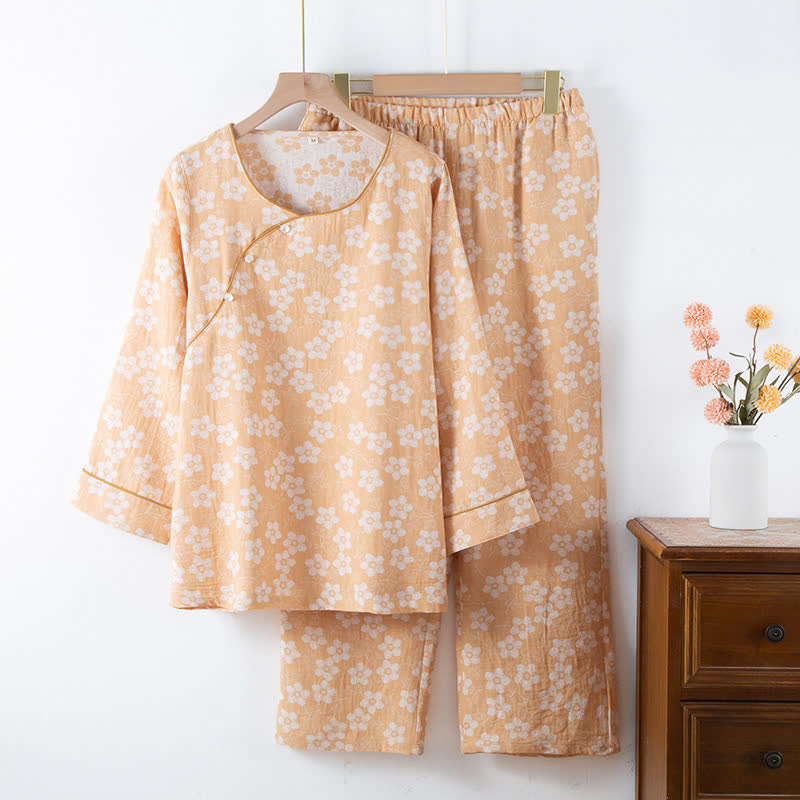Retro Floral Cotton Yarn-dyed Jacquard Pajama Set - Yellow - XL - image 16