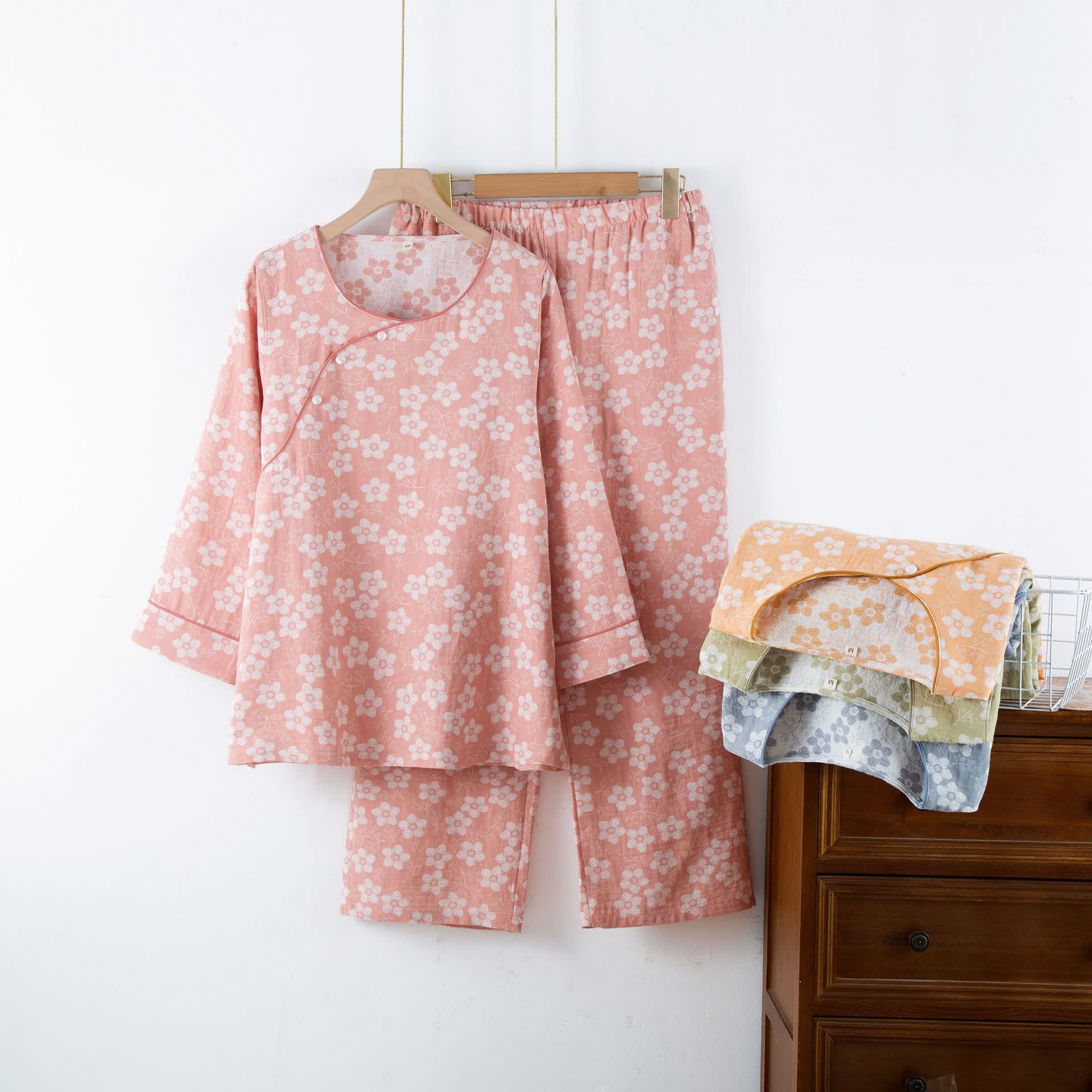 Retro Floral Cotton Yarn-dyed Jacquard Pajama Set - image 3