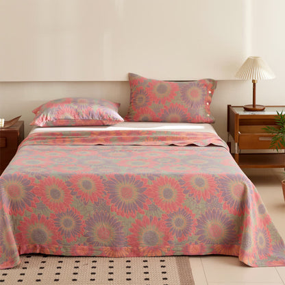 Sunflower Cotton Double-layer Yarn-dyed Jacquard Reversible Coverlet - Red - Coverlet with 2PCS Pillowcases - King - image 2