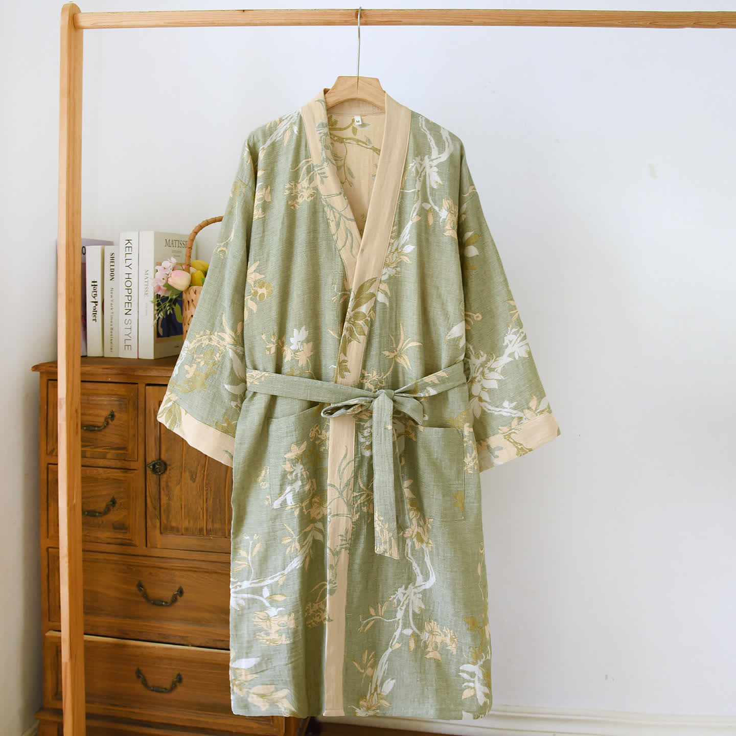 Branch Leaf Cotton Double-layer Gauze Yarn-dyed Jacquard Bathrobe - L - image 0