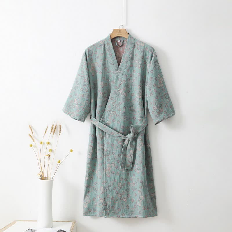 Floral Butterfly Cotton Double-layer Gauze Yarn-dyed Jacquard Bathrobe - XL - image 0