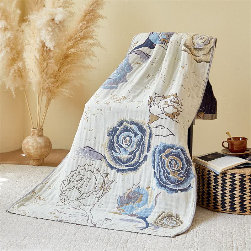 Rose Print Cotton Gauze Absorbent Quick Dry Bath Towel - Blue - 31" x 63" - image 0
