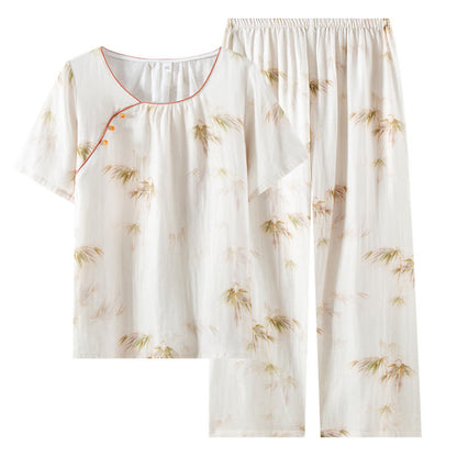 Vintage Bamboo Print Cotton Gauze Beaded Button Loungewear Set - image 14