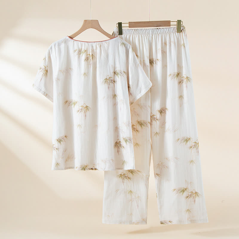 Vintage Bamboo Print Cotton Gauze Beaded Button Loungewear Set - image 1