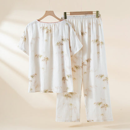 Vintage Bamboo Print Cotton Gauze Beaded Button Loungewear Set - image 1