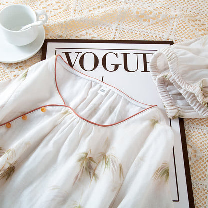 Vintage Bamboo Print Cotton Gauze Beaded Button Loungewear Set - image 3