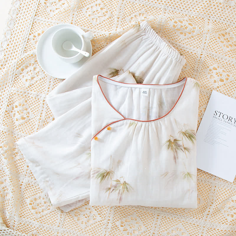 Vintage Bamboo Print Cotton Gauze Beaded Button Loungewear Set - image 2