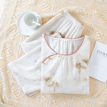 Vintage Bamboo Print Cotton Gauze Beaded Button Loungewear Set - image 2