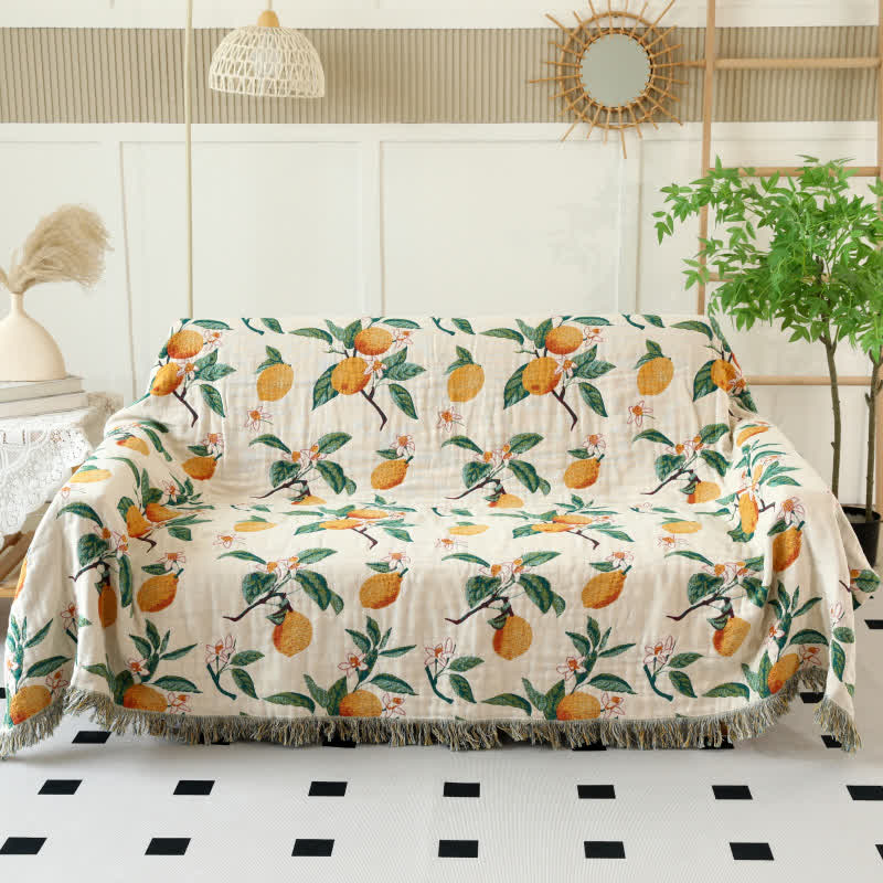 Lemon Print Cotton Gauze Tassel Reversible Blanket - 91" x 98" - image 0