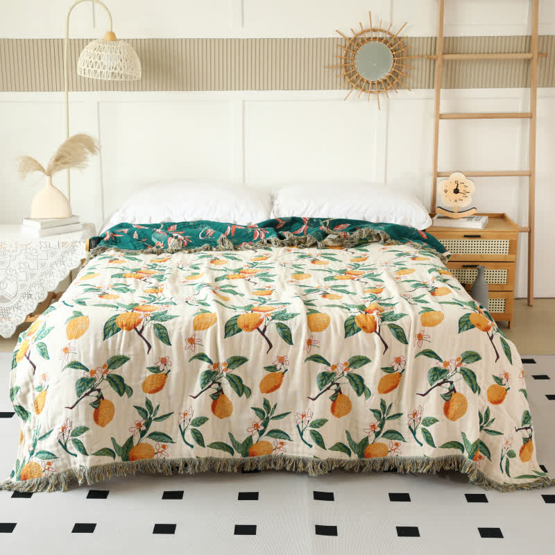 Lemon Print Cotton Gauze Tassel Reversible Blanket - image 2