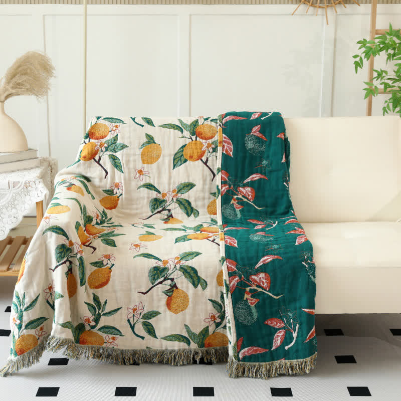 Lemon Print Cotton Gauze Tassel Reversible Blanket - image 1