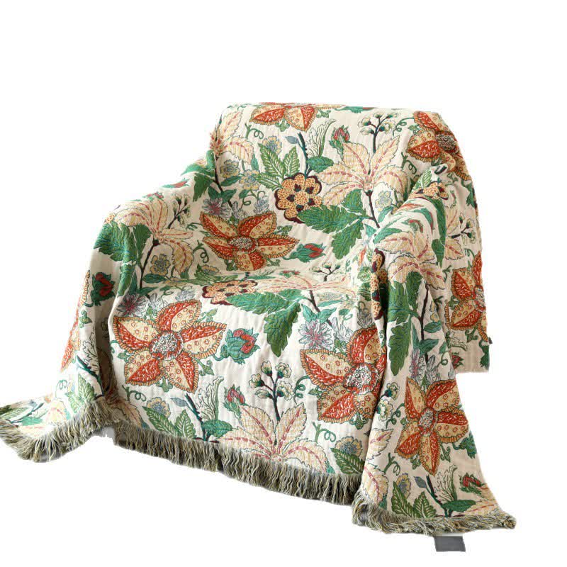 Floral Leaf Cotton Gauze Tassel Reversible Blanket - image 6