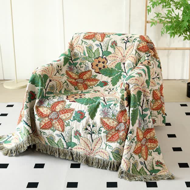 Floral Leaf Cotton Gauze Tassel Reversible Blanket - image 0
