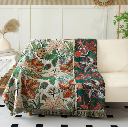Floral Leaf Cotton Gauze Tassel Reversible Blanket - image 2