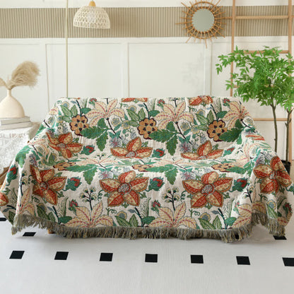 Floral Leaf Cotton Gauze Tassel Reversible Blanket - 91" x 98" - image 1