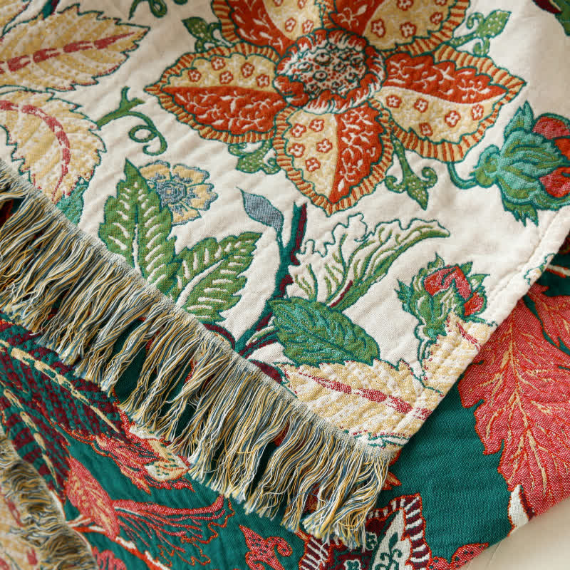 Floral Leaf Cotton Gauze Tassel Reversible Blanket - image 5