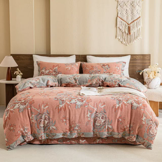 Reversible Floral Cotton Gauze Button Bedding Set (4PCS) - Pink&Grey - King - image 0