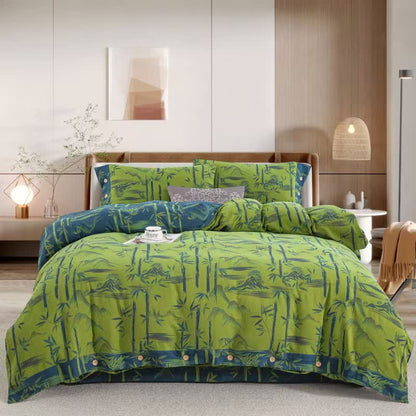 Bamboo Plant Cotton Gauze Reversible Bedding Set (4PCS)  - Green - King - image 2