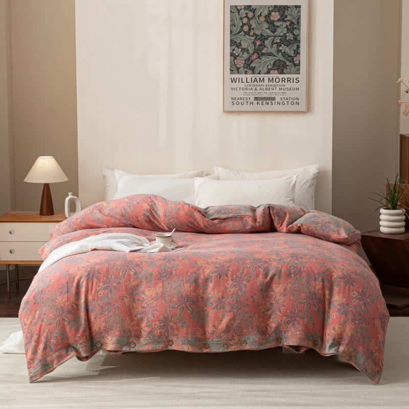 Reverisible Jacquard Floral Button Cotton Bedding Set (4PCS) - Pink - King - image 1