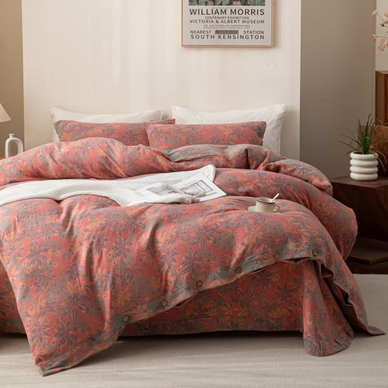 Reverisible Jacquard Floral Button Cotton Bedding Set (4PCS) - image 2