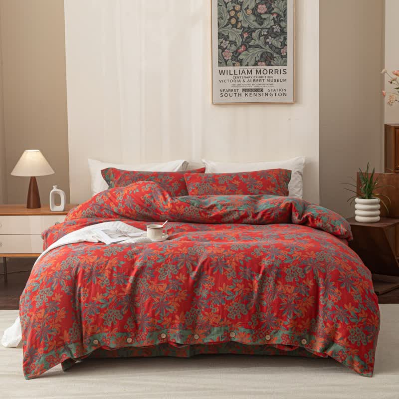 Reverisible Jacquard Floral Button Cotton Bedding Set (4PCS) - Red - King - image 10