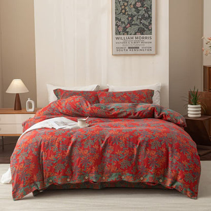 Reverisible Jacquard Floral Button Cotton Bedding Set (4PCS) - Red - King - image 10