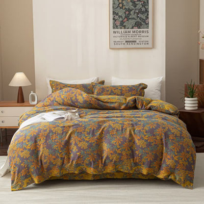 Reverisible Jacquard Floral Button Cotton Bedding Set (4PCS) - Purple & Yellow - King - image 9