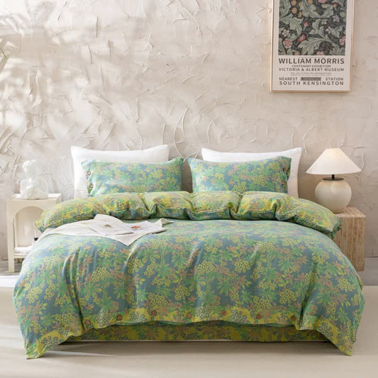 Reverisible Jacquard Floral Button Cotton Bedding Set (4PCS) - Blue Green - King - image 0