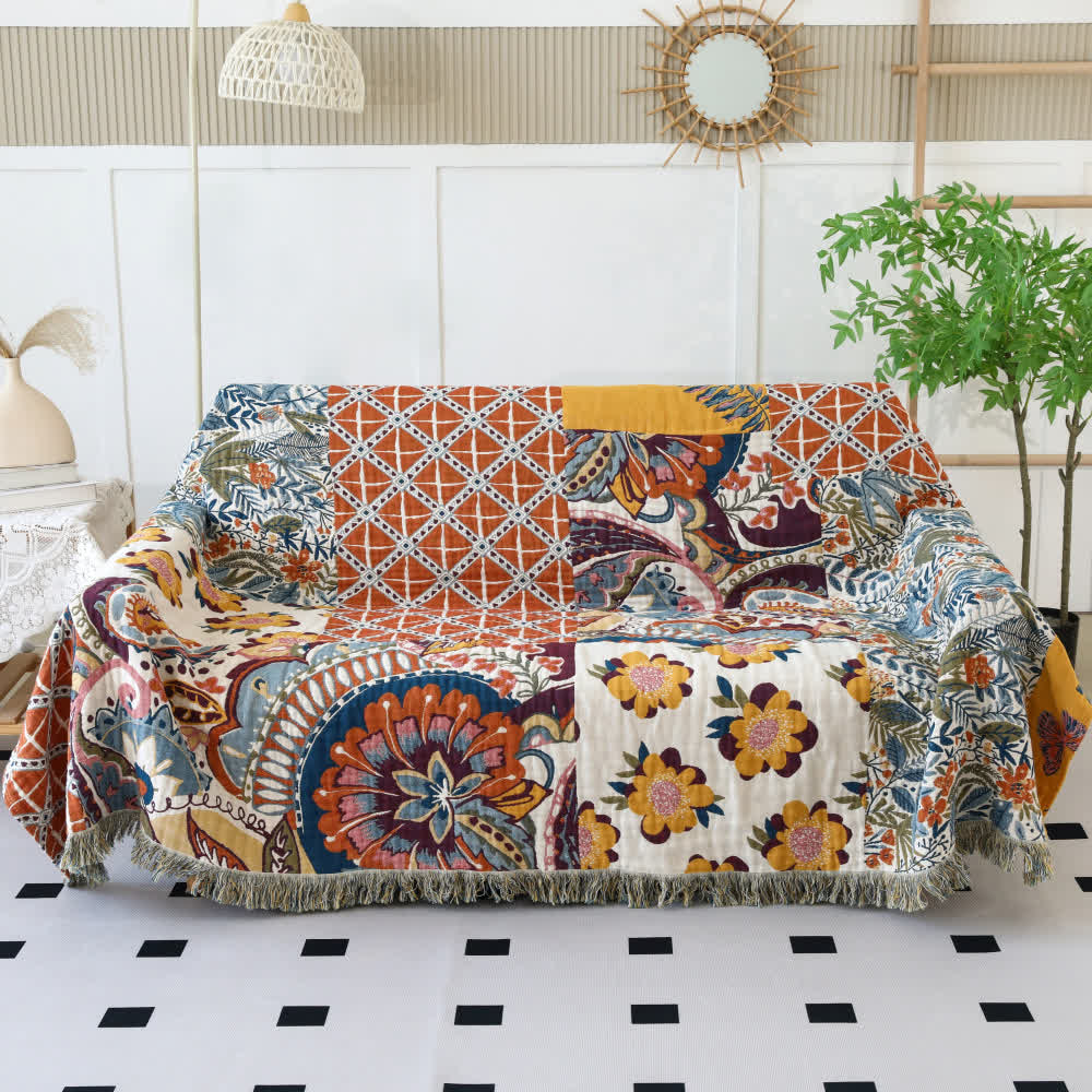 Ethnic Style Floral Plant Cotton Gauze Reversible Blanket - 90" x 98" - image 0