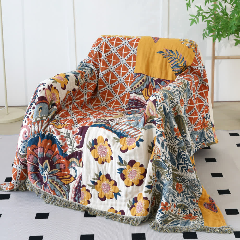 Ethnic Style Floral Plant Cotton Gauze Reversible Blanket - image 2