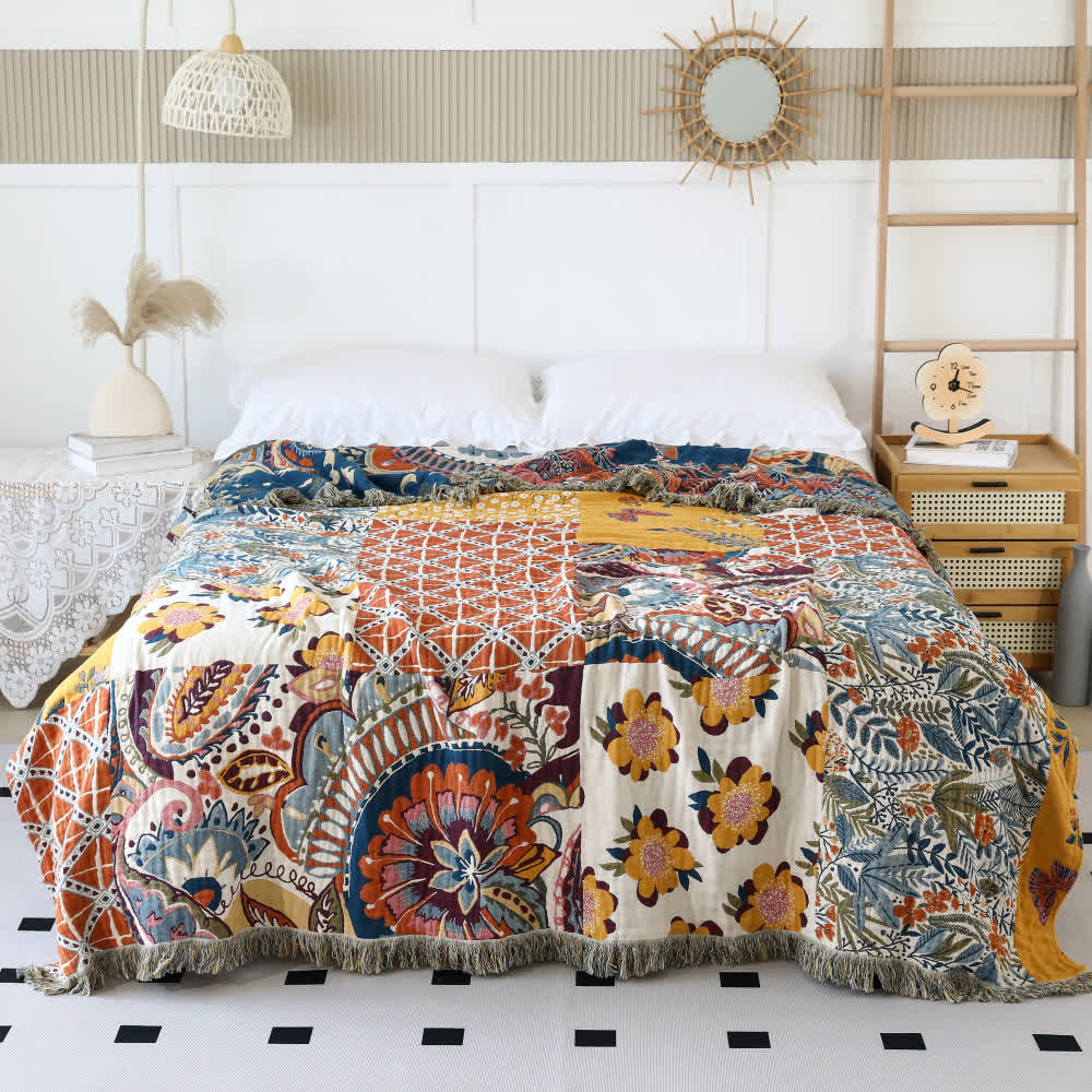 Ethnic Style Floral Plant Cotton Gauze Reversible Blanket - image 3