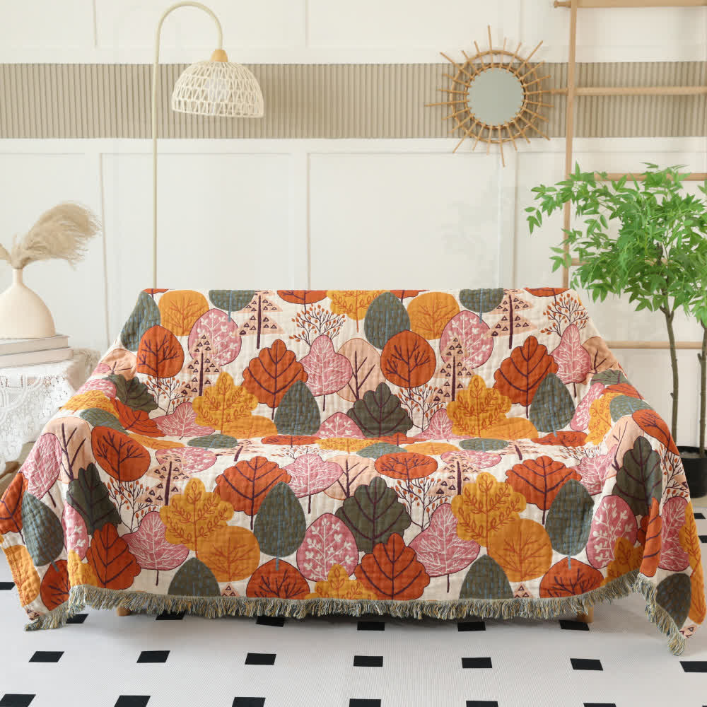 Maple Leaf Cotton Gauze Reversible Blanket - 90" x 98" - image 0