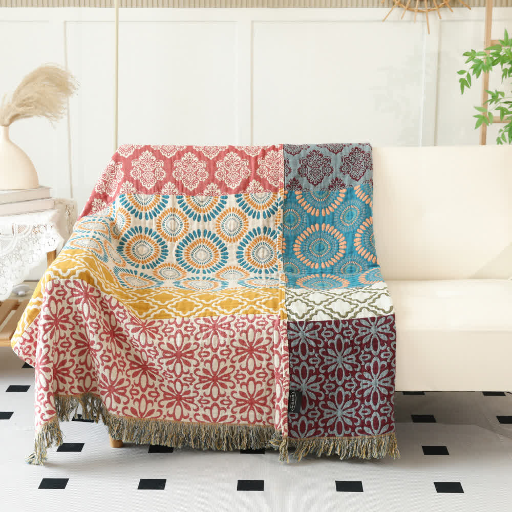 Striped Floral Cotton Gauze Reversible Blanket - 90" x 98" - image 0