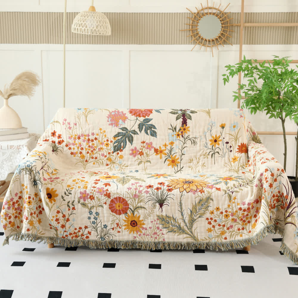 Rural Floral Cotton Gauze Reversible Blanket - 90" x 108" - image 1