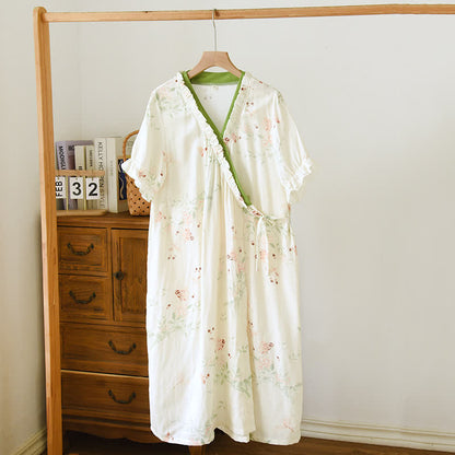 Floral Leaf Short Sleeve Cross-front Nightdress - XL - image 0