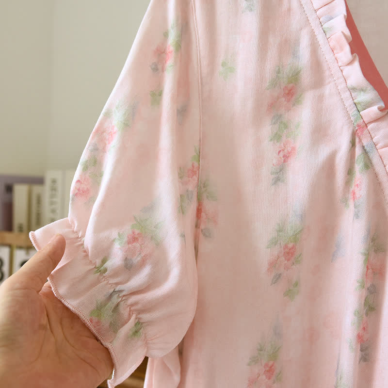 Pink Floral Short Sleeve Cross-front Nightdress - image 5