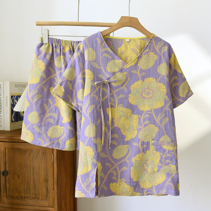 Elegant Floral Cotton Gauze V-neck Pajama Set - XL - image 0