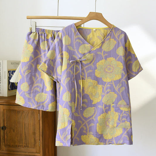 Elegant Floral Cotton Gauze V-neck Pajama Set - XL - image 0