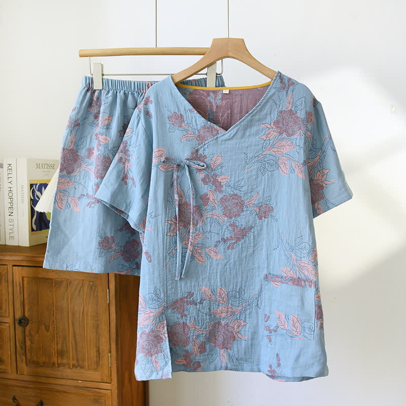 Retro Blue Floral Cotton Gauze V-neck Pajama Set - XL - image 0
